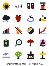Color and black flat icon set - airport tower vector, departure, cafe, sun, rain, pond, blood test vial, real heart, client, umbrella, shield, mute, bar graph, fruit tree, search, fireplace, growth