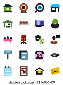 Color and black flat icon set - waiting area vector, shop, speaking man, office chair, abacus, notepad, document, meeting, house, plant label, eye, 24 hours, support, truck trailer, estate search