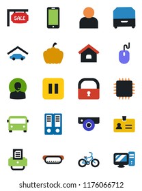 Color and black flat icon set - airport bus vector, identity, mobile phone, office binder, mouse, printer, pumpkin, bike, pause button, user, lock, support, archive box, house, garage, sale, hot dog