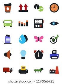 Color and black flat icon set - airport bus vector, coffee, bulb, printer, butterfly, water drop, caterpillar, pills, eye, car delivery, up side sign, speaker, equalizer, alarm, stopwatch, music