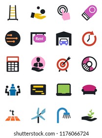 Color and black flat icon set - waiting area vector, circle chart, ladder, client, touch screen, network, calculator, meeting, notebook pc, garage, rent, bathroom, warm floor, windmill, usb flash