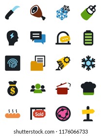 Color and black flat icon set - ticket office vector, brainstorm, garden knife, folder document, network, battery, rca, message, fingerprint id, sold signboard, cook hat, bread, ham, steaming pan