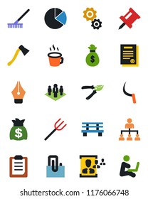 Color and black flat icon set - hierarchy vector, money bag, farm fork, rake, pruner, sickle, axe, bench, clipboard, coffee, drawing pin, paper clip, pie graph, hr, ink pen, contract, company, gear