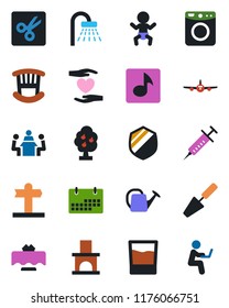 Color and black flat icon set - baby vector, shower, plane, trowel, watering can, fireplace, syringe, heart hand, signpost, shield, cut, music, calendar, meeting, fruit tree, children room, drink