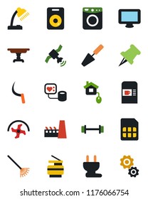 Color and black flat icon set - coffee machine vector, trowel, ripper, rake, sickle, blood pressure, barbell, satellite, monitor, speaker, paper pin, sim, desk lamp, copier, table, factory, washer