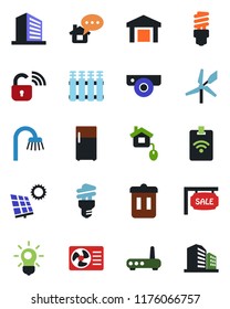 Color and black flat icon set - office building vector, warehouse, sun panel, sale, bathroom, home control, wireless lock, router, web camera, air conditioner, radiator, bulb, energy saving, fridge