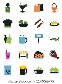 Color and black flat icon set - plant label vector, seeds, coffee, waiter, serviette, cook hat, cocktail, phyto bar, beer, salad, egg stand, cafe table, vip zone, kebab, ham, cutting board, cheese