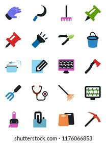Color and black flat icon set - drawing pin vector, pencil, garden fork, rake, bucket, pruner, glove, sickle, axe, monitor pulse, stethoscope, themes, torch, paper clip, cutting board, steaming pan