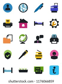 Color and black flat icon set - globe vector, bed, pen, house, seedling, patient, folder document, shield, network, speaker, user, root setup, news, printer, copier, bedroom, information