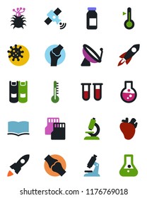 Color and black flat icon set - satellite antenna vector, book, blood test vial, microscope, ampoule, real heart, joint, virus, sd, thermometer, rocket, flask