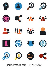 Color and black flat icon set - female vector, team, brainstorm, network, share, group, user, company, client search, consumer, social media