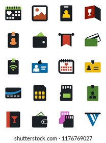 Color and black flat icon set - identity vector, card, medical calendar, gallery, sd, sim, wine, credit, pass, wallet, pennon
