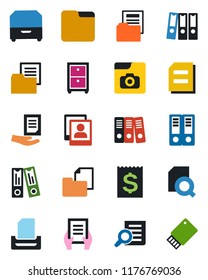 Color and black flat icon set - office binder vector, document search, receipt, folder, photo gallery, paper, tray, archive box, usb flash