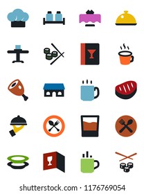 Color and black flat icon set - hot cup vector, spoon and fork, coffee, dish, restaurant table, cafe, cook hat, wine card, drink, plates, waiter, salt pepper, building, steak, ham, sushi