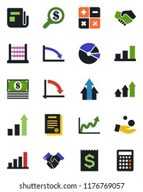 Color and black flat icon set - growth statistic vector, calculator, crisis graph, receipt, news, bar, pie, abacus, handshake, contract, arrow up, money search, investment, cash