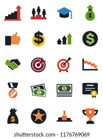 Color and black flat icon set - growth statistic vector, dollar sign, pedestal, medal, graduate, money bag, cash, finger up, police, target, arrow graph, handshake, crisis, certificate, award cup