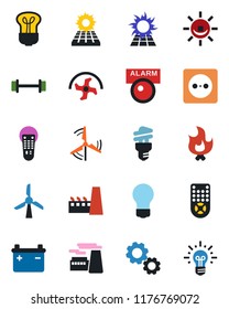 Color and black flat icon set - bulb vector, factory, ripper, fire, barbell, remote control, sun panel, windmill, socket, energy saving, battery, alarm led, gear, idea