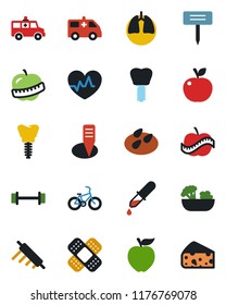 Color and black flat icon set - plant label vector, seeds, heart pulse, dropper, patch, ambulance car, barbell, bike, lungs, implant, diet, salad, rolling pin, apple fruit, cheese