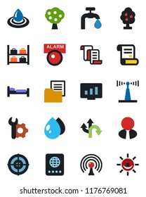 Color and black flat icon set - passport vector, bed, luggage storage, contract, statistic monitor, water drop, route, folder document, antenna, root setup, target, supply, fruit tree, estate agent