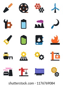 Color and black flat icon set - factory vector, trowel, saw, sickle, truck trailer, sea port, flammable, reel, battery, root setup, sun panel, crane, water heater, gear, windmill