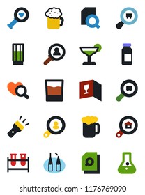 Color and black flat icon set - blood test vial vector, heart diagnostic, ampoule, search cargo, torch, document, estate, client, wine card, drink, cocktail, beer, consumer, flask