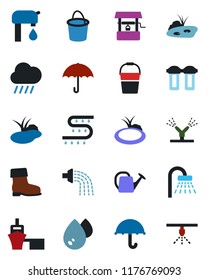 Color and black flat icon set - shower vector, watering can, bucket, boot, rain, well, pond, drip irrigation, sea port, umbrella, water supply, filter, sprinkler