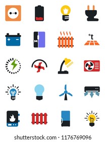 Color and black flat icon set - bulb vector, ripper, low battery, charge, desk lamp, heater, fridge, socket, power plug, water, air conditioner, radiator, warm floor, windmill, idea