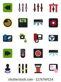 Color and black flat icon set - airport tower vector, security gate, stamp, radar, scales, settings, fast forward, rewind, rec button, tuning, record, air conditioner, home control, remote, app