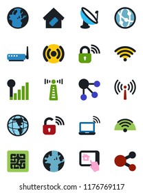 Color and black flat icon set - antenna vector, wireless notebook, earth, satellite, network, cellular signal, smart home, chip, lock, router, control app, social media
