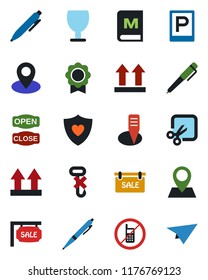 Color and black flat icon set - parking vector, no mobile, pen, plant label, heart shield, pin, fragile, up side sign, hook, cut, sertificate, sale, menu, open close, paper plane