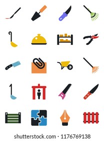 Color and black flat icon set - security gate vector, trowel, rake, wheelbarrow, pruner, saw, garden knife, scalpel, container, rack, application, paper clip, ink pen, dish, ladle, radiator