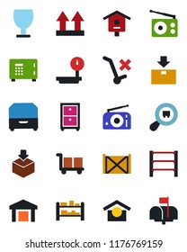 Color and black flat icon set - safe vector, bird house, container, fragile, cargo, warehouse storage, up side sign, no trolley, package, heavy scales, search, rack, radio, archive box, mailbox