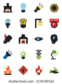 Color and black flat icon set - sun vector, brainstorm, bulb, fire, eye, traffic light, torch, desk lamp, fireplace, smoke detector, energy saving, outdoor, alarm led, palm sproute