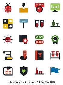 Color and black flat icon set - statistic monitor vector, contract, lady bug, plant label, blood test vial, heart shield, medical calendar, package, application, sertificate, alcohol, wine card