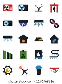 Color and black flat icon set - plane radar vector, security gate, identity card, drip irrigation, sorting, chain, root setup, air conditioner, smart home, water heater, filter, warm floor