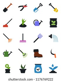 Color and black flat icon set - job vector, shovel, farm fork, rake, seedling, watering can, sproute, pruner, boot, hoe, sickle, fertilizer, flower in pot, irrigation