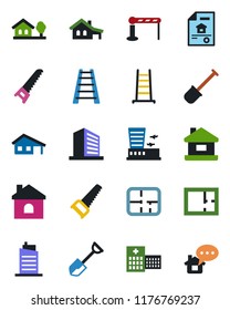 Color and black flat icon set - barrier vector, airport building, office, shovel, ladder, saw, house, hospital, with garage, tree, plan, estate document, city, home message