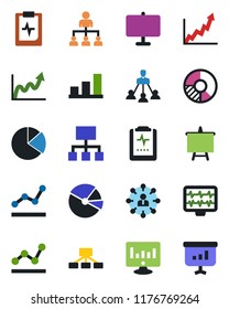 Color and black flat icon set - hierarchy vector, presentation board, statistic monitor, circle chart, pulse, clipboard, bar graph, pie, point, growth