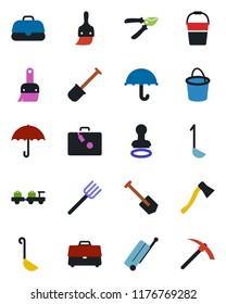 Color and black flat icon set - suitcase vector, stamp, baggage larry, job, shovel, farm fork, bucket, pruner, axe, umbrella, themes, case, ladle, hard work