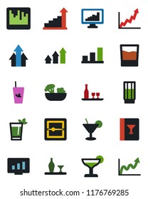 Color and black flat icon set - growth statistic vector, monitor, scanner, statistics, bar graph, alcohol, wine card, drink, cocktail, phyto, salad, arrow up