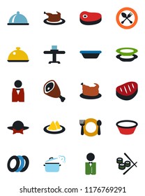 Color and black flat icon set - spoon and fork vector, waiter, dish, restaurant table, serviette, cafe, plates, dress code, chicken, steak, ham, bowl, steaming pan, sushi