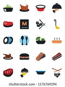 Color and black flat icon set - spoon and fork vector, menu, salad, plates, bacon, waiter, bread, chicken, steak, hamburger, ladle, bowl, sushi