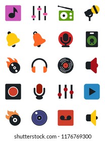 Color and black flat icon set - vinyl vector, flame disk, microphone, radio, settings, headphones, speaker, play button, tuning, bell, record, music, sound