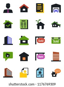 Color and black flat icon set - office building vector, contract, house, with garage, estate document, rent, sold signboard, agent, smart home, city, eco, message