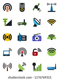 Color and black flat icon set - antenna vector, wireless notebook, office phone, satellite, radio, remote control, cellular signal, lock, router