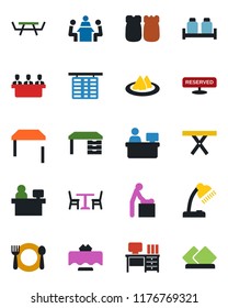 Color and black flat icon set - cafe vector, baby room, flight table, desk, manager place, picnic, lamp, meeting, restaurant, serviette, reserved, salt and pepper