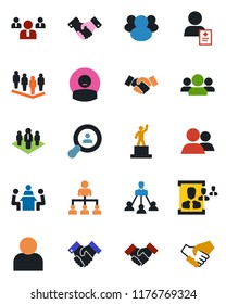 Color and black flat icon set - handshake vector, hierarchy, pedestal, team, patient, group, user, hr, meeting, company, client search