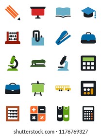 Color and black flat icon set - airport bus vector, book, calculator, graduate, abacus, presentation board, microscope, case, paper clip, pencil, stapler