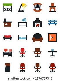 Color and black flat icon set - checkroom vector, office chair, desk, bench, fireplace, lamp, bedroom, children room, cushioned furniture, restaurant table, alcove, fridge