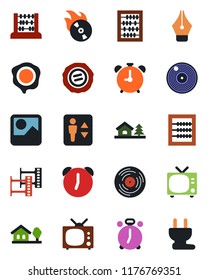 Color and black flat icon set - elevator vector, alarm clock, tv, abacus, stamp, film frame, vinyl, flame disk, gallery, ink pen, house with tree, power plug